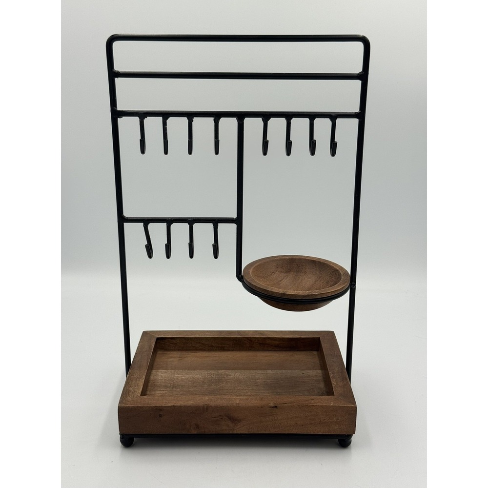 Jewelry Stand Holds Earrings Necklaces Rings Bracelets Black Metal Wood Base